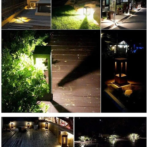 Collage of Bright LED Outdoor Post Light With Aluminum Housing IP55 Waterproof Square Pillar Bollard Lantern illuminating garden and paths