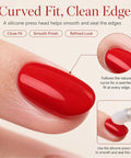 Semi Cured Gel Nail Strips Kit With 2 Packs Including 8 Sizes for anti lift fit showing red nail on fingertip, curved edges