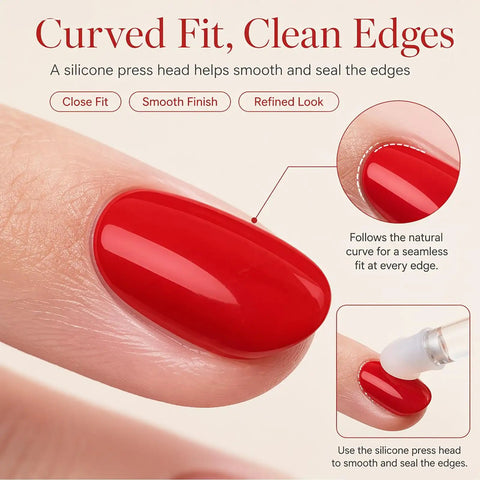 Semi Cured Gel Nail Strips Kit With 2 Packs Including 8 Sizes for anti lift fit showing red nail on fingertip, curved edges