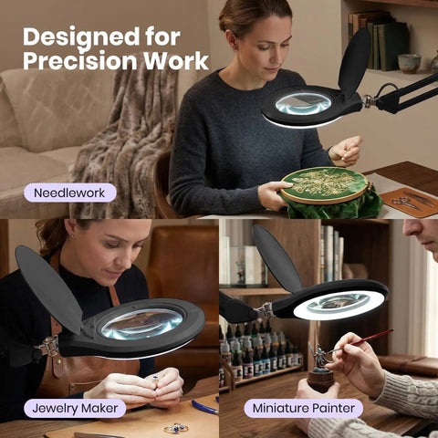 Pro Grade LED Magnifying Lamp With Clamp, 6 Inch Glass Lens, used by crafters and jewelers for precision work under 6500K daylight