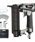 Top Shelf 18 Gauge Brad Nailer Pneumatic Nail Gun Complete Carpenter Kit with safety goggles and accessories.