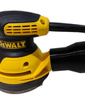 Universal Vacuum Hose Adapter For Dewalt And Craftsman Sanders To Shop Vac Dust Collection Connector Two And A Half Inch Black Beefy Quick Fit Universal Fit For Most Shop Vacs And Sanders Quick Connect, shown attached to a Dewalt sander.
