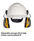 Cap Style Ear Muffs With Hard Hat Clip On X2P3E Noise Reduction 24 Decibels For Construction Manufacturing Auto Maintenance And Woodworking On Job Sites Black Yellow Pack Of 1. Features adjustable earcups on a white hard hat for personalized fit with universal clip.