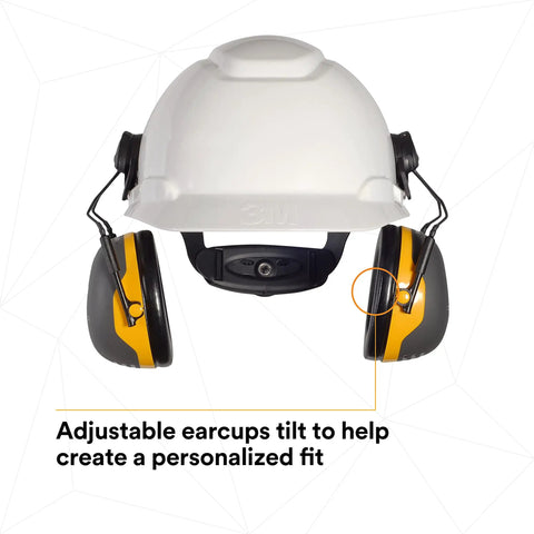 Cap Style Ear Muffs With Hard Hat Clip On X2P3E Noise Reduction 24 Decibels For Construction Manufacturing Auto Maintenance And Woodworking On Job Sites Black Yellow Pack Of 1. Features adjustable earcups on a white hard hat for personalized fit with universal clip.