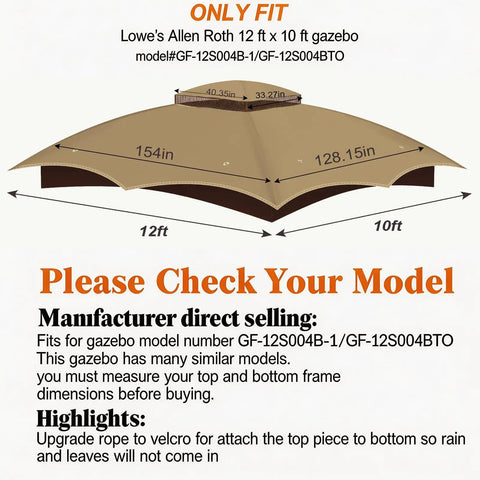 Diagram of 10x12 Ft Replacement Canopy Top Premium Ripstop With Double Tier Waterproof UV Resistant Gazebo Roof For Outdoor Patio Khaki Built Tough Fit For 12x10 Ft Garden Pavilions And Weatherproof Shade Structures