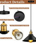 Six Piece Black Metal Umbrella Pendant Lights With A Slick Retro Industrial Look And Solid Farmhouse Vibe Making A Popular Choice For Any Kitchen Table Or Dining Nook Using Dead Easy E26 Mounts, showing details of the mounting bracket, adjustable height, and lamp holder.