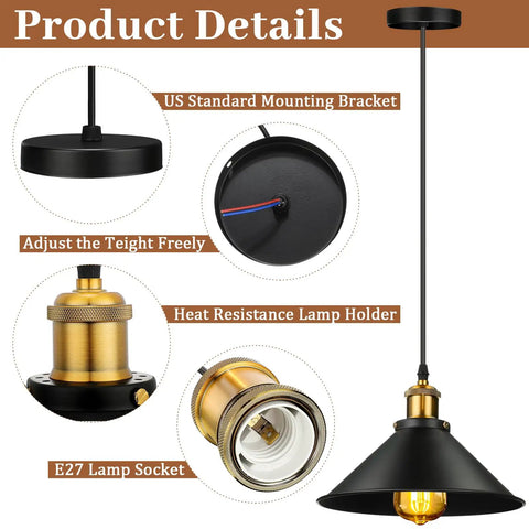 Six Piece Black Metal Umbrella Pendant Lights With A Slick Retro Industrial Look And Solid Farmhouse Vibe Making A Popular Choice For Any Kitchen Table Or Dining Nook Using Dead Easy E26 Mounts, showing details of the mounting bracket, adjustable height, and lamp holder.