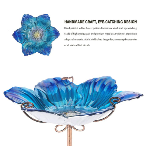 Glass Flower Pattern Bird Bath With Metal Stake For Outdoor Garden Yard Lawn Decor Blue Glass Bird Feeder Bowl Attracts Birds