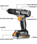 Side view of Go To Cordless Power Drill Kit for DIY Projects 20V with Battery and Charger Dual Speed 0 to 350 and 0 to 1350 RPM