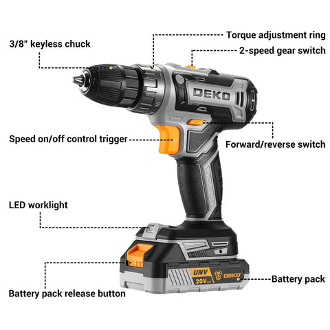 Side view of Go To Cordless Power Drill Kit for DIY Projects 20V with Battery and Charger Dual Speed 0 to 350 and 0 to 1350 RPM