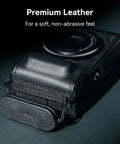 Camera Finger Strap With Dual Finger Grip For Ricoh GR Series Cameras on black camera in premium leather reduces hand strain.