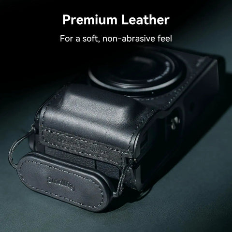 Camera Finger Strap With Dual Finger Grip For Ricoh GR Series Cameras on black camera in premium leather reduces hand strain.
