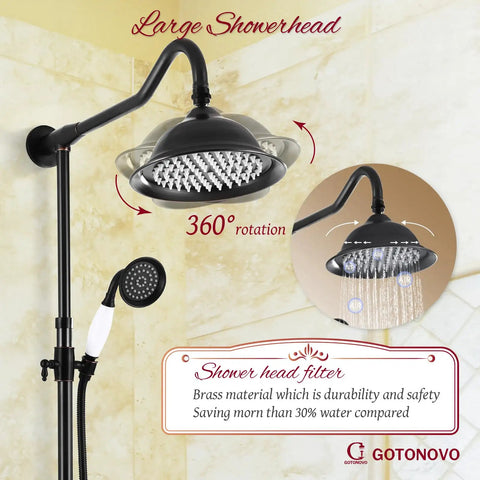 Oil Rubbed Bronze Shower Faucet Fixture With 8 Inch Rain Shower Head Dual Knob Control Triple Function Tub Spout 12 Inch Extension Included Durable Brass 3 In 1 Diverter Mixer Valve showcasing 360-degree rotation feature.
