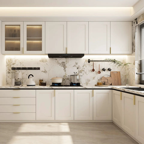 Modern kitchen with 10 Pack Gold Edge Finger Pulls For Cabinets Aluminum Cabinet Handles For Kitchen Concealed Drawer Pulls with 3 Inch Hole Center.