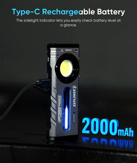 Beast Magnetic EDC Flashlight 2000 Lumens Rechargeable LED With RGB And UV Light showing Type-C charging cable connected.
