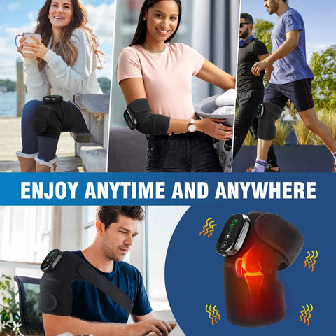 Collage of people using All In One Heated Massager With Heat And Vibration For Knees Shoulders Elbows And More Adjustable Straps Pain Relief Arthritis Support Portable Knee Brace And Spa Quality Massage At Home in various settings.