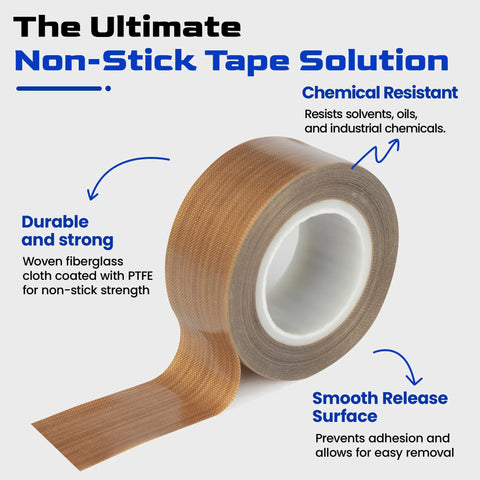 PTFE Teflon Tape For Heat Sealers High Temp Nonstick Sealing Strip roll with labels on chemical resistance and durability.