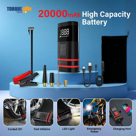 Cordless Portable Tire Inflator Air Compressor For Cars And Trucks Packs A Blistering 20000MAH Rechargeable Auto Pump with accessories.