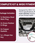 M14.1-1.5 Oversize Piggyback Oil Drain Plug Bolt Kit With Rethread Tool Plus Hex Wrench And O-Rings For Universal Automotive Trucks And SUVs Stainless Steel Self Tapping Design includes plug, O-rings, gaskets and wrench
