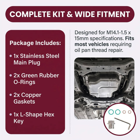 M14.1-1.5 Oversize Piggyback Oil Drain Plug Bolt Kit With Rethread Tool Plus Hex Wrench And O-Rings For Universal Automotive Trucks And SUVs Stainless Steel Self Tapping Design includes plug, O-rings, gaskets and wrench