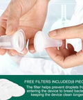 Hands holding filters of Lung Workout Breathing Compact Device With PEP Therapy For Mucus Clearance Portable Handheld Exhalation Trainer