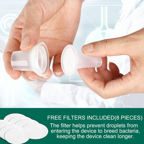 Hands holding filters of Lung Workout Breathing Compact Device With PEP Therapy For Mucus Clearance Portable Handheld Exhalation Trainer