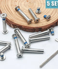 Five Sets Of 32mm Inline Skate Wheel Screws With Installation Tool, Heavy Duty Metal Socket Screws For Skates shown on wooden background