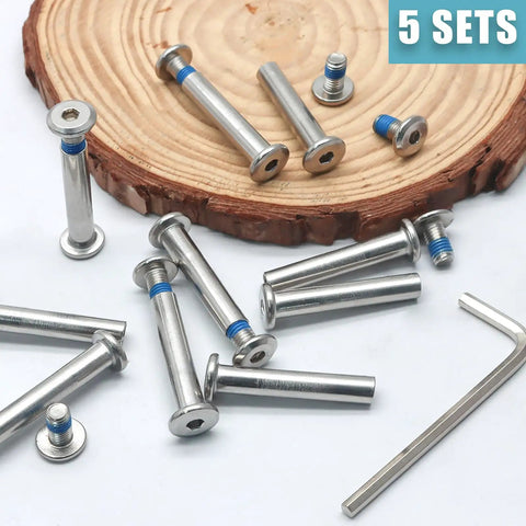 Five Sets Of 32mm Inline Skate Wheel Screws With Installation Tool, Heavy Duty Metal Socket Screws For Skates shown on wooden background