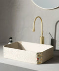 Modern Artistic Bathroom Vessel Sink - Above Counter Ceramic Washbasin for Indoor/Outdoor Use, Includes Accessories - Stylish Balcony Basin for Home Decor in light color with floral detail.
