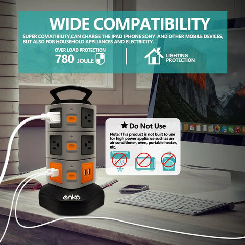Heavy Duty Power Strip Tower With 3000W Surge Protection And 10 Outlets Plus 4 USB Ports, 6 Foot 16AWG Extension Cord in office