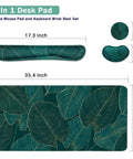 Ergonomic Large Mouse Pad And Keyboard Wrist Rest Dope Desk Pad For Keyboard And Mouse 4 In 1 Extended Gaming Desk Mat With Wrist Support For Home Office Study Green Leaves, showing dimensions and design.