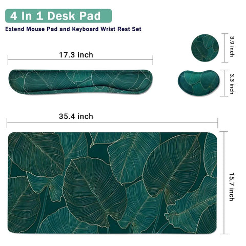 Ergonomic Large Mouse Pad And Keyboard Wrist Rest Dope Desk Pad For Keyboard And Mouse 4 In 1 Extended Gaming Desk Mat With Wrist Support For Home Office Study Green Leaves, showing dimensions and design.