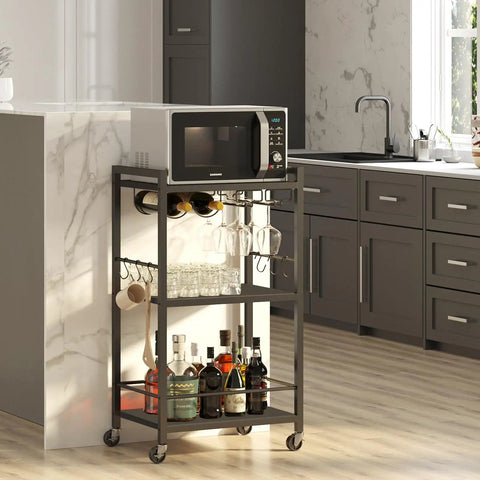 Mobile Bar Cart On Wheels For Home Use, Rolling Beverage Cart With Wine Rack And Glass Holder, Microwave Stand And Kitchen Island, Perfect For Living Room Or Kitchen, Black Finish