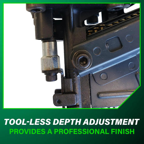 Close-up of Beast Pro Grade Framing Nailer with tool-less depth adjustment for flooring and roof decking projects.