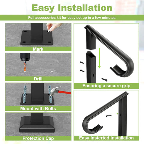 Step-by-step installation of Heavy Duty Outdoor Stair Handrail For One To Two Steps, 38 Inch Wrought Iron Single Post.