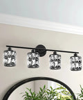4 Light Matte Black Vanity Lights For Bathroom With Crystal Shade, Modern Wall Sconces Above Mirror, Easy Mount