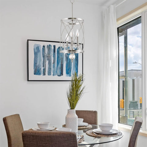 Modern Dope 3-Light Geometric Lantern Chandelier in Brushed Nickel Finish With Cylinder Trellis Cage And Crystal Orb Finial over dining table