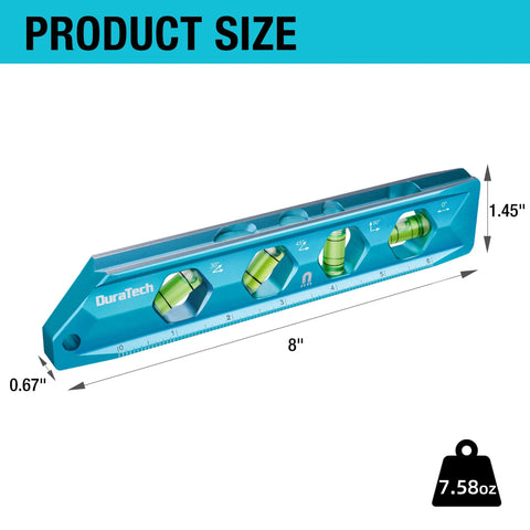 DuraTech 8-Inch magnetic torpedo level with aluminum body, blue; 0°, 30°, 45°, 90° bubbles, large viewing window.