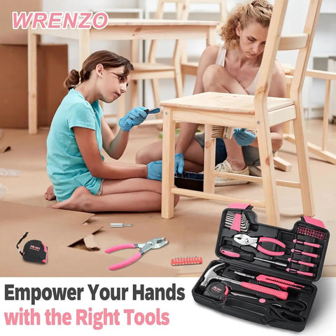 Two women assembling furniture with a pink 39 Piece Household Tool Set For Home, Garage, Office And Dorm, with tools shown in foreground.