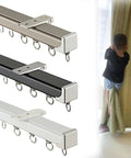 Heavy Duty Sliding Barn Door Track System With Silent Gliding Rollers for a No Sweat Ceiling or Wall Mount Room Divider Upgrade with three color options.