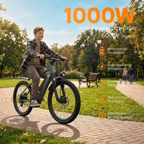 Cyclist on Adult Electric Bike 24 Inch Frame With 1000W Peak Motor And 504Wh Battery, cruising in park, front suspension visible