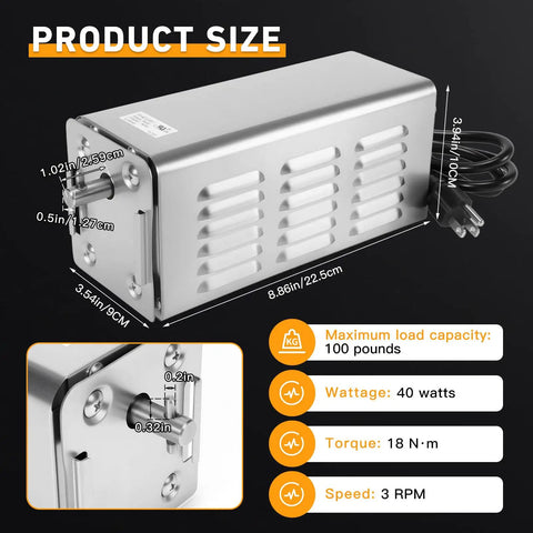 Top Shelf Rotisserie Motor For Electric Grill And Backyard Pit Serving As A Smooth Operator Handling Up To 100 Pounds With Heavy Duty Stainless Steel Build For Quick Upgrade Mods size and specifications.