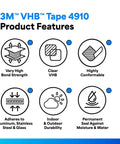 Infographic highlighting features of Heavy Duty Mounting Tape 4910 Clear 6 Inch By 5 Yards for aluminum seaming and sealing.