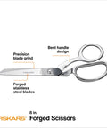 8 Inch Bent Forged Stainless Steel Fabric And Sewing Scissors For Denim Silk And Multiple Layer Materials Heavy Duty Pro Grade Precision Ground Blades Great For Crafting And Seamstress Projects, 8 in. forged scissors