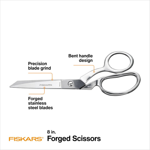 8 Inch Bent Forged Stainless Steel Fabric And Sewing Scissors For Denim Silk And Multiple Layer Materials Heavy Duty Pro Grade Precision Ground Blades Great For Crafting And Seamstress Projects, 8 in. forged scissors