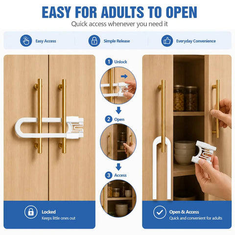 Image of No Adhesive Dual Handle Cabinet Locks For Kid Proofing Reusable And Damage Free Easy Install Childproof Cabinet Latches for cupboards.