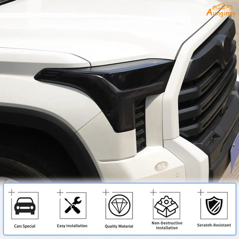 Front Headlight Tint Film Trim For Toyota Tundra 2022 2023 2024 2025 2026 Dope TPU Precut Decals Black Front Lamp Panel Overlay Exterior Part Kit Two Pack Easy Install shown on vehicle headlight.