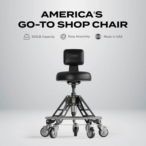 Elevated Steel EZ-Lift Shop Chair With Backrest For High Workbenches, 400 Lb Capacity, Rolling Stool With Industrial Casters, Adjustable Ergonomic Seat From 24 To 29.5 Inches, Red Legs