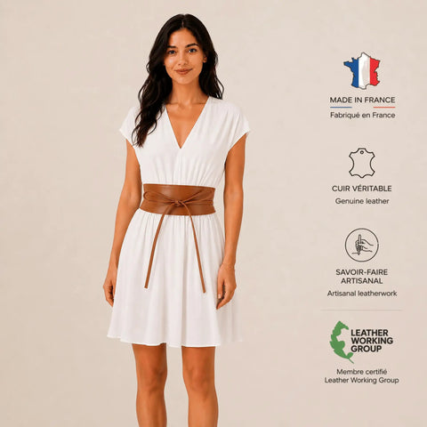 Women Italian Leather Obi Belt In Rich Camel Buttery Soft Full Grain Cowhide Wide Waist Sash for midi dress styling.