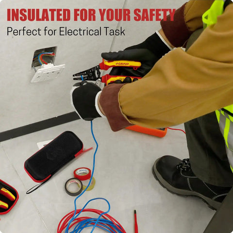 Electrician using insulated wire stripper and cutter with tool storage case for 10-20 AWG solid and 12-22 AWG stranded wire, 1000V rated.